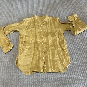 Yellow Mustard Linen Band Collar Cottagecore minimalist Button-Up Shirt Womens M